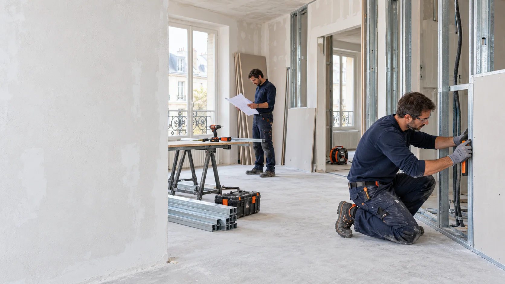 Illustration d’un chantier de rénovation avec pose de cloisons
